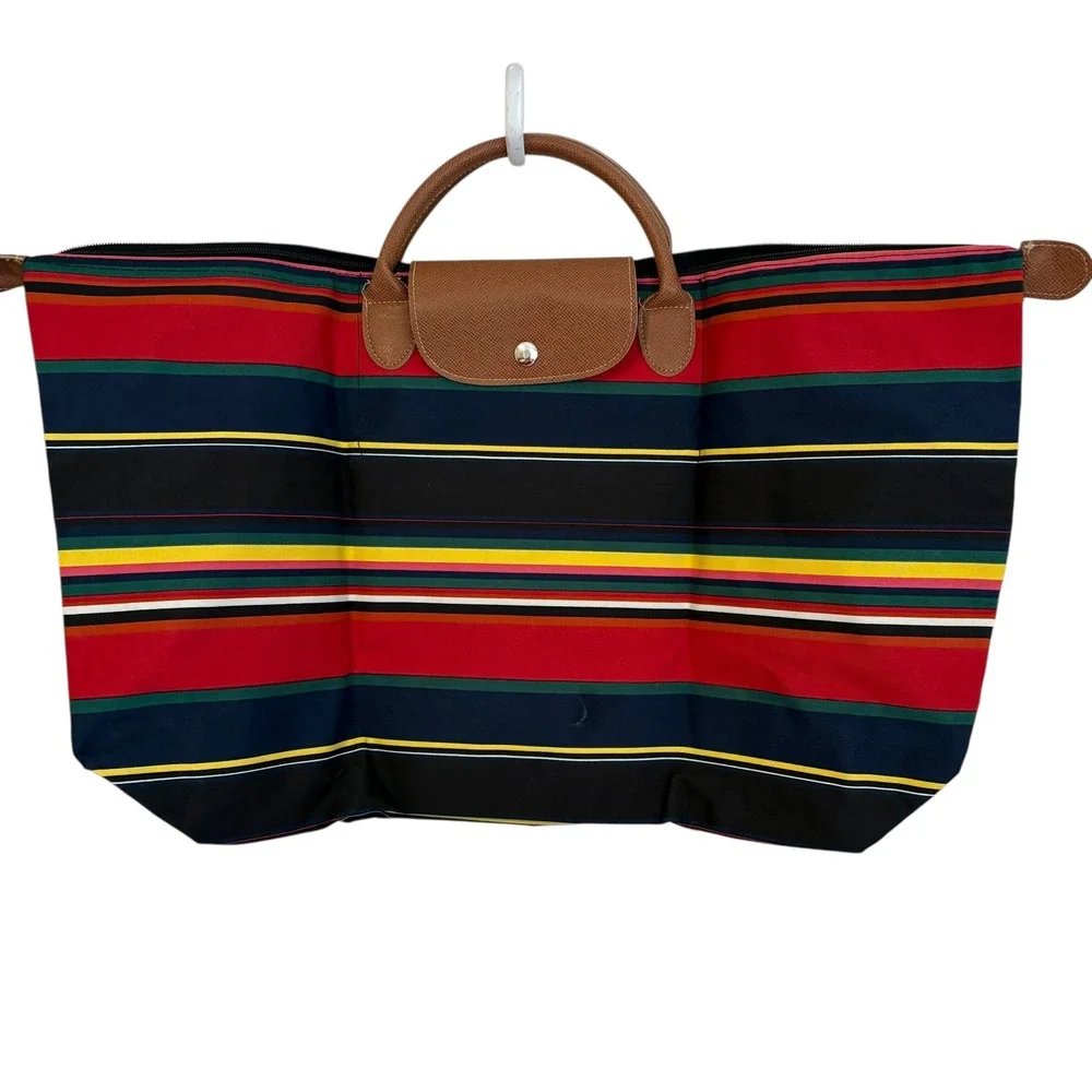 Foldable Travel Large Tote Bag Colorful‎ Striped Nylon Leather Trim